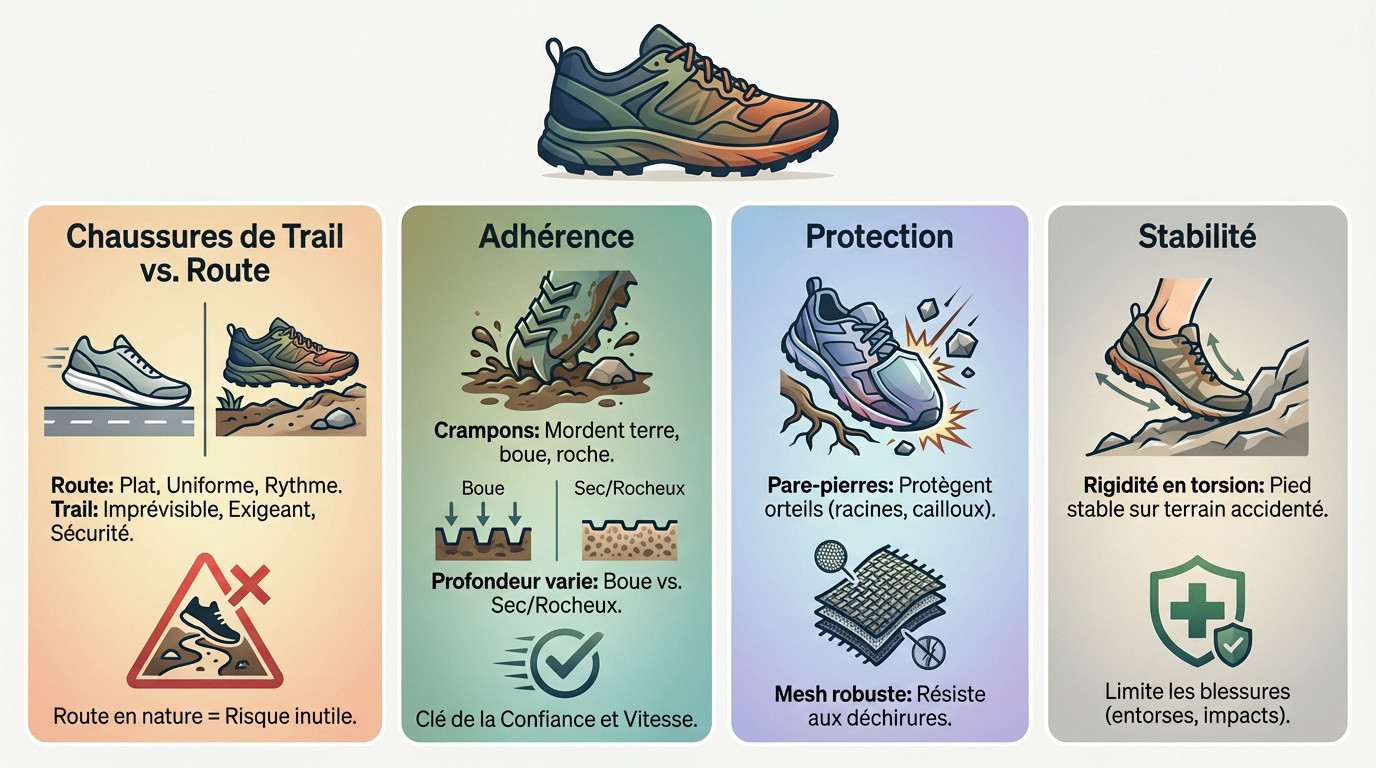 Comparaison visuelle des crampons et de la structure entre une chaussure de trail et une chaussure de route