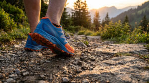 Vibrant blue and orange trail running shoes firmly planted on a rocky mountain trail, with aggressive lugs and blurred mountain backdrop.